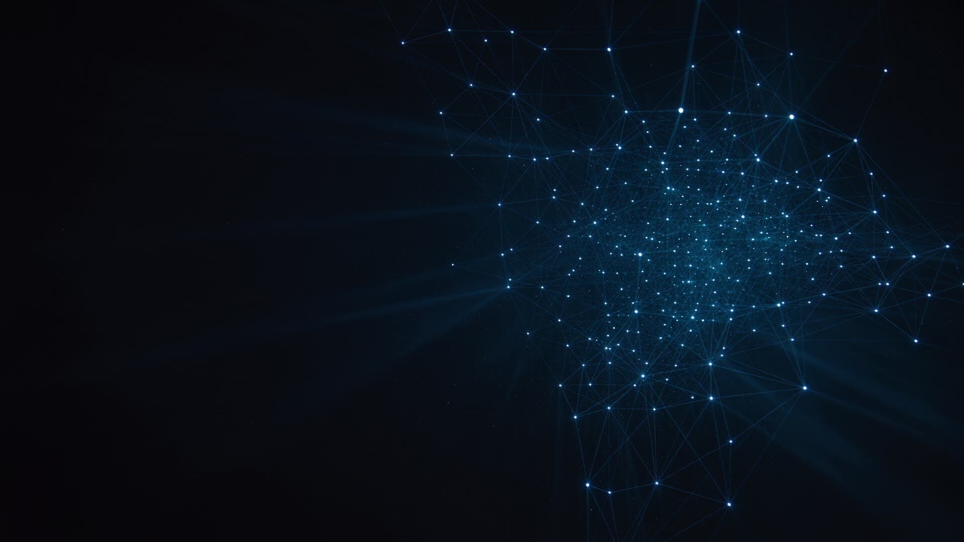 Animación de una red molecular azul sobre un fondo casi negro